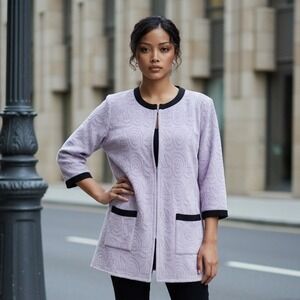 Exclusively Misook‎ XL Vintage Y2K Cardigan Zip Lavender Embossed Sweater Jacket